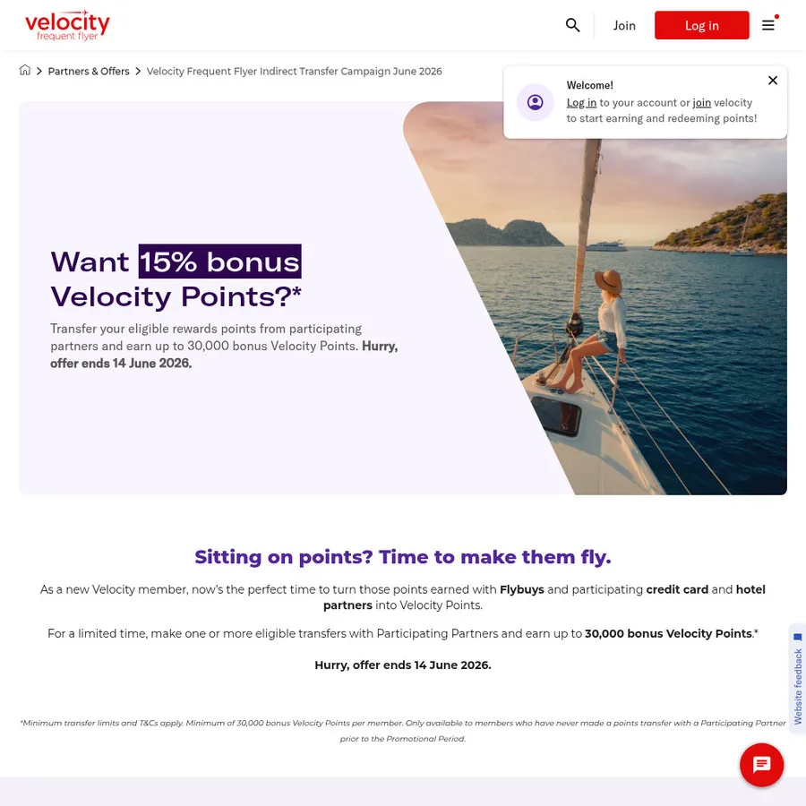 Promoción especial para transferir puntos Flybuys y obtener hasta 30,000 puntos Velocity adicionales